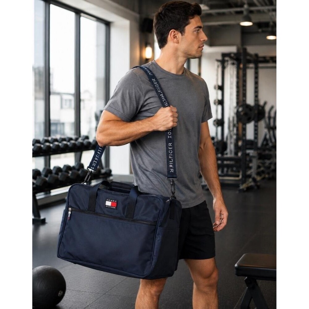 Tommy Hilfiger Duffle Bag Large Navy Blue Nylon Travel Shoulder Strap Y2K VTG